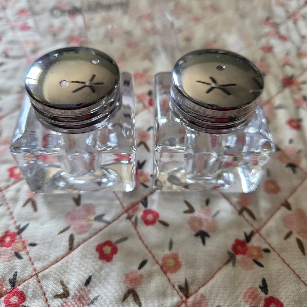 Crate&Barrel Clear Glass Salt and Pepper Set with Silver Lids